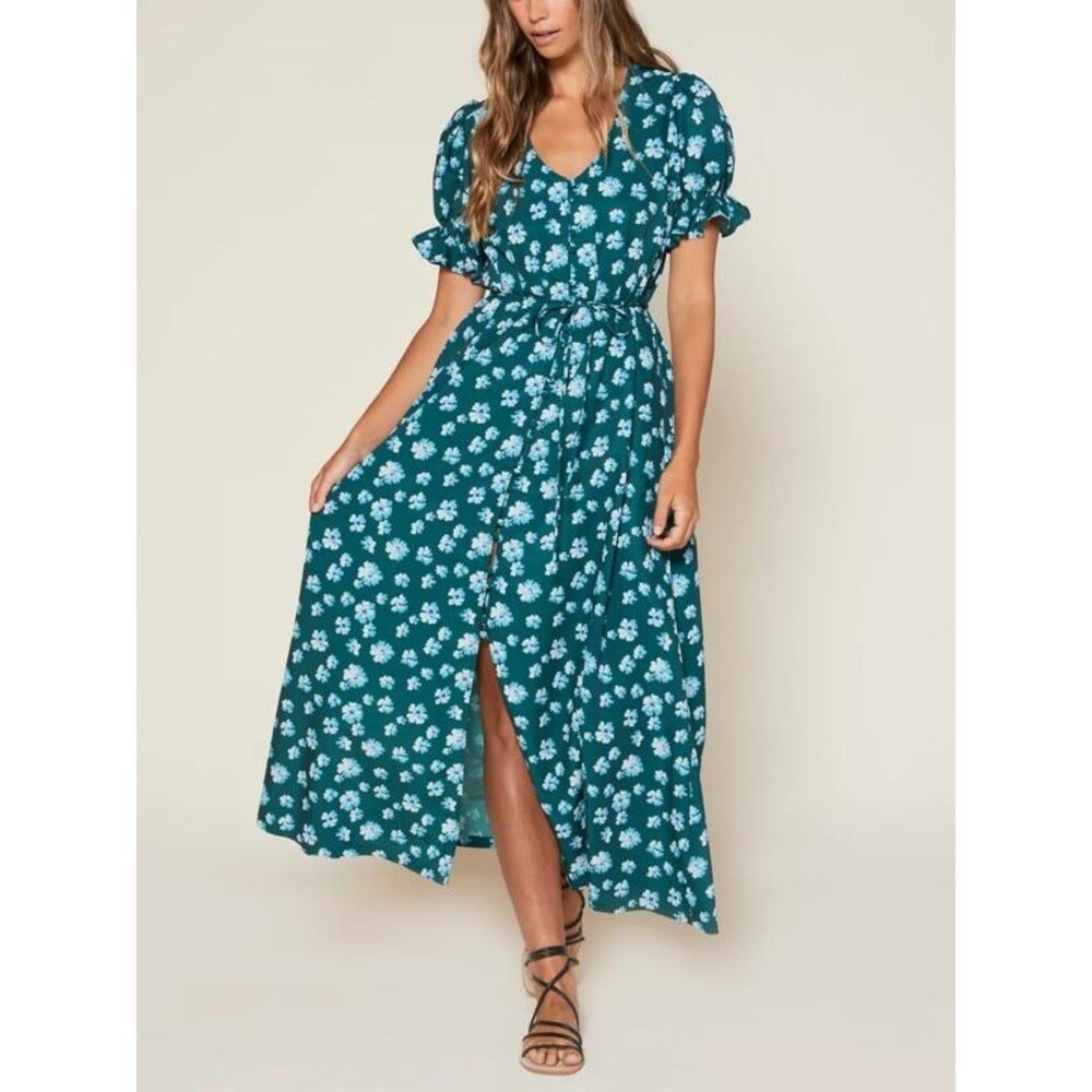 Outerknown Maxi Dress Womens Blue Green Floral V-Neck Button Front Tie